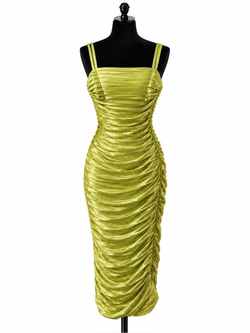 Ruched Satin Spaghetti-Strap Mini Dress in Light Lime